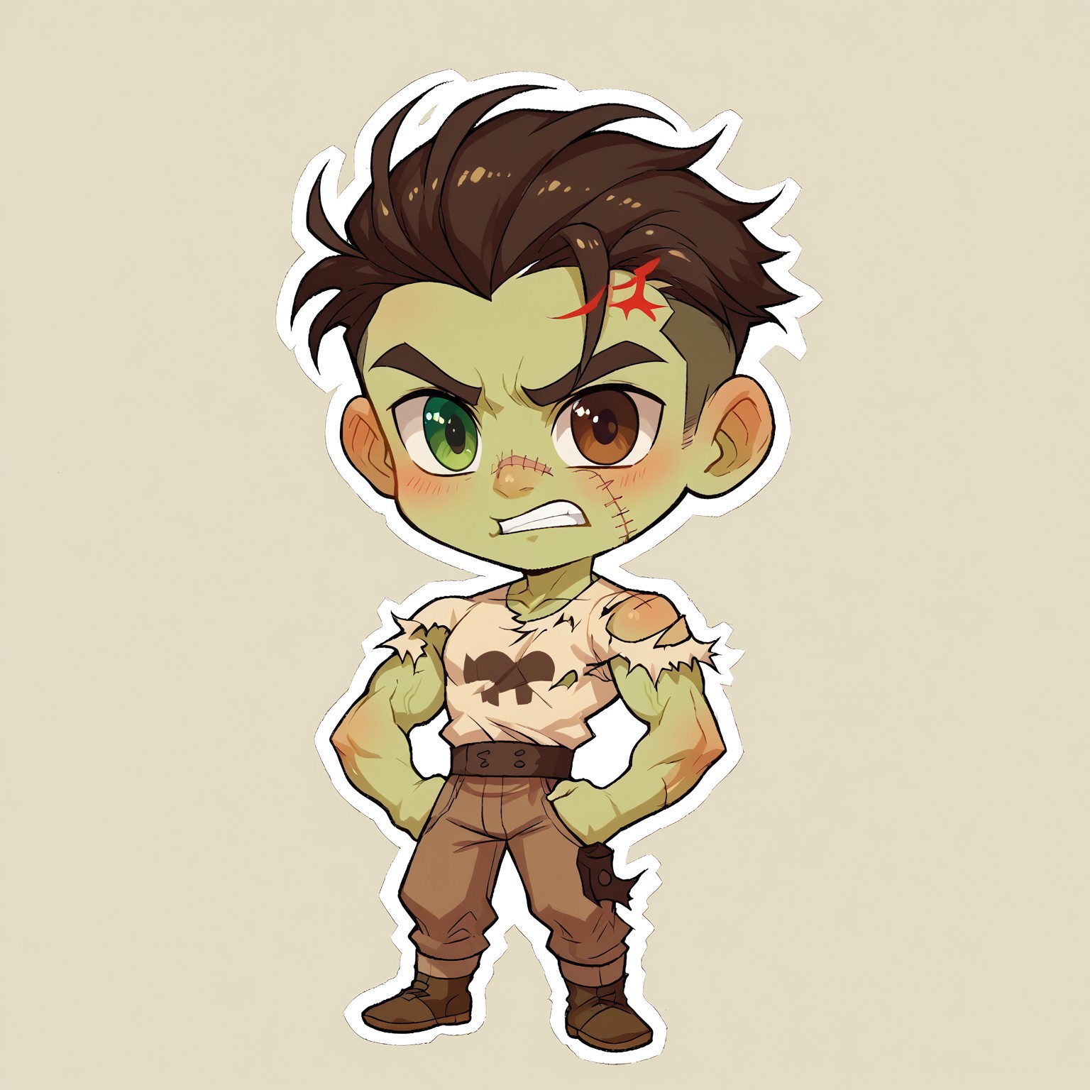 8k, score_9, score_8_up, score_7_up, Chibi, Chibi Body, Chibi Art Style, full body portrait, masterpiece, outline, transparent background, 1boy, muscular twink, broad shoulders, slim waist, lean, big biceps, young, handsome, cute face, ((Pale green skin)), )(Stitches)),
multicolored hair, heterochromia, blue and brown eyes, body parts stitched together,
frankenstein, torn shirt, brown rugged pants,
shy, blushing, angry, clenched teeth,
Stickers, Sticker, dynamic pose