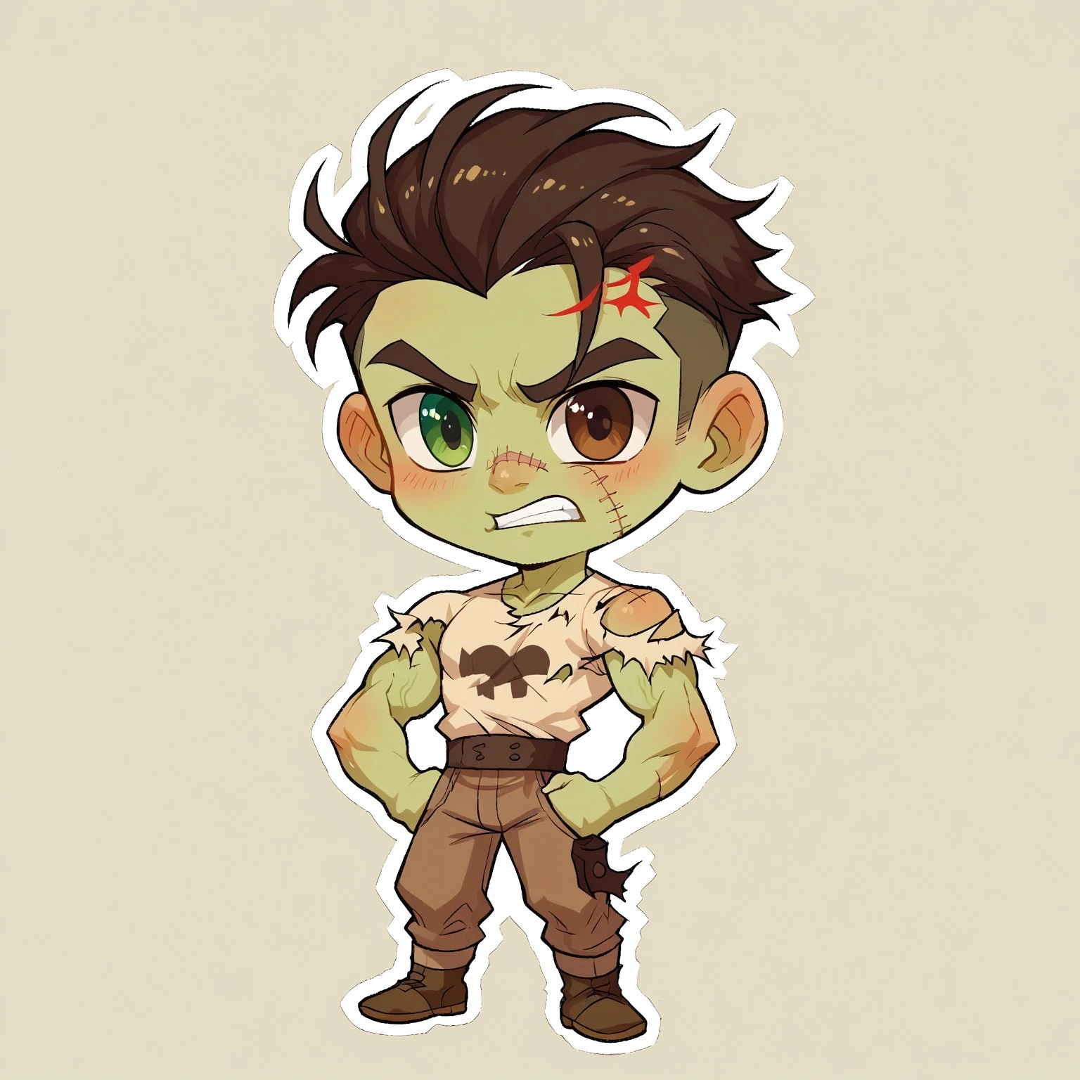 8k, score_9, score_8_up, score_7_up, Chibi, Chibi Body, Chibi Art Style, full body portrait, masterpiece, outline, transparent background, 1boy, muscular twink, broad shoulders, slim waist, lean, big biceps, young, handsome, cute face, ((Pale green skin)), )(Stitches)),
multicolored hair, heterochromia, blue and brown eyes, body parts stitched together,
frankenstein, torn shirt, brown rugged pants,
shy, blushing, angry, clenched teeth,
Stickers, Sticker, dynamic pose