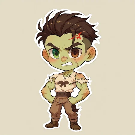 8k, score_9, score_8_up, score_7_up, Chibi, Chibi Body, Chibi Art Style, full body portrait, masterpiece, outline, transparent background, 1boy, muscular twink, broad shoulders, slim waist, lean, big biceps, young, handsome, cute face, ((Pale green skin)), )(Stitches)),
multicolored hair, heterochromia, blue and brown eyes, body parts stitched together,
frankenstein, torn shirt, brown rugged pants,
shy, blushing, angry, clenched teeth,
Stickers, Sticker, dynamic pose