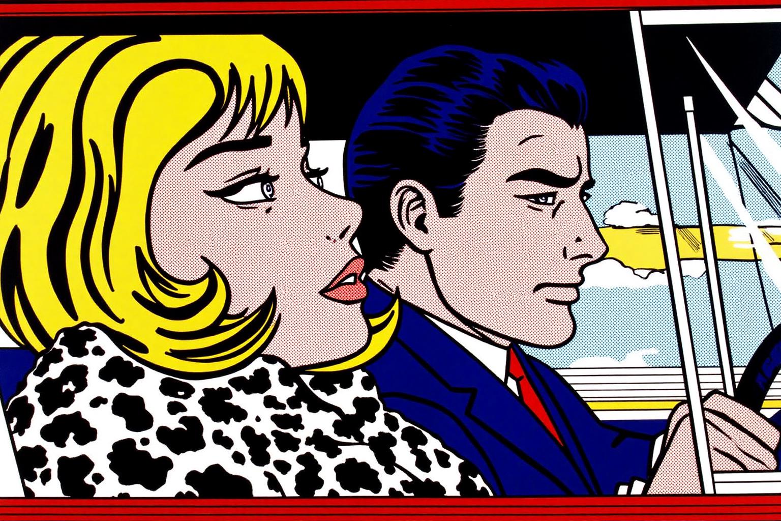 lichtenstein1 illustration.
A man and a woman sitting in a car
The woman on the left, show in side view profile, has blonde hair styled in a bob. She wears a leopard-print coat with a bright yellow background.
The man, on right, wearing a blue suit with a red tie, is driving. He is glancing sideway at the woman.
 <lora:lichtenstein1_cap_d6a3e8:1.0><lora:835893690846198969:0>
