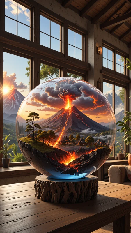a glass sphere, inside the sphere is landscape with a volcano erupting flames, at the foot of the volcano is a village trees, on a table in the living room, soft natural lighting, landscape, large glass sphere, epic scene, UHD , <lora:3D_Framed_Wall_Art_-_By_DICE:0.7>, (framed 3D, village), UHD