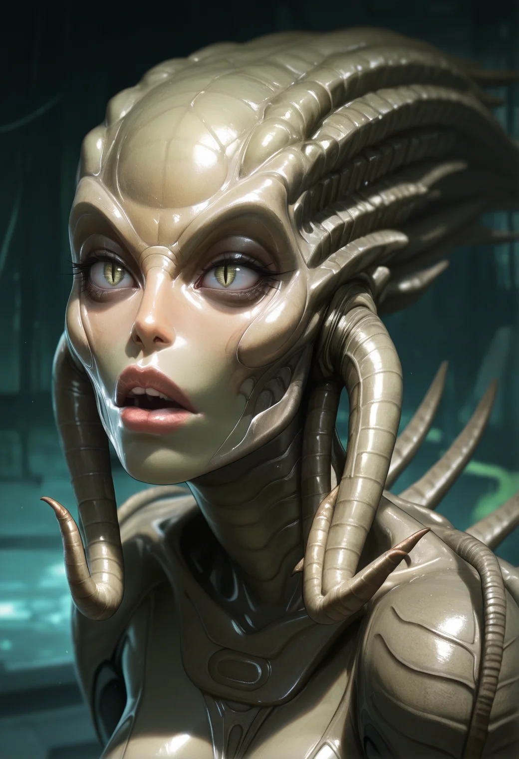 masterpiece, best quality, amazing quality, <lora:sil_illustrious_byJaneB:1>, 1girl, solo,
s1l, alien,, , portrait