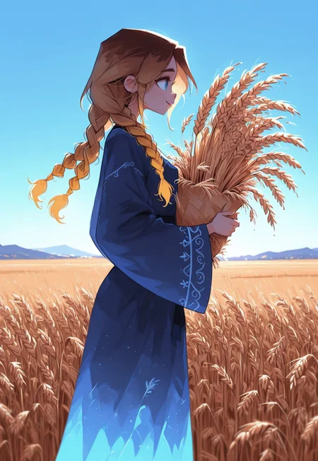 masterpiece, best quality, amazing quality, highres,1girl, solo, long hair, smile, brown hair, blonde hair, gradient hair, long sleeves, dress, holding, closed mouth, standing, braid, outdoors, sky, day, from side, blue sky, sash, feet out of frame, single braid, floating hair, blue dress, hair over shoulder, robe, Wheat Bunch, field, holding Wheat Bunch, multiple braids, blue robe, wheat, backlighting,