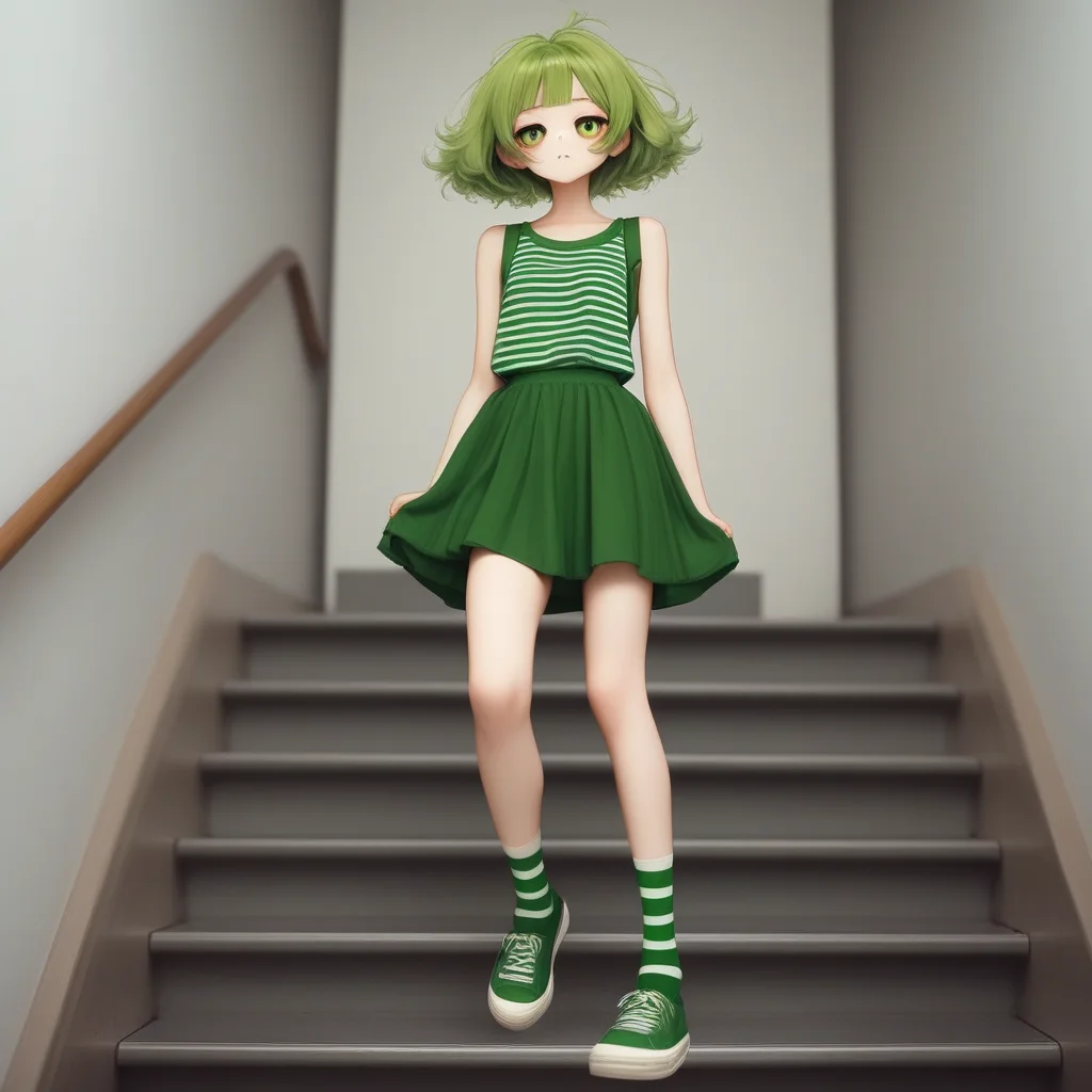 full body, stairs, floating hair, green socks, sleeveless dress, shorts, striped, skirt hold, skirt