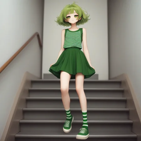 full body, stairs, floating hair, green socks, sleeveless dress, shorts, striped, skirt hold, skirt