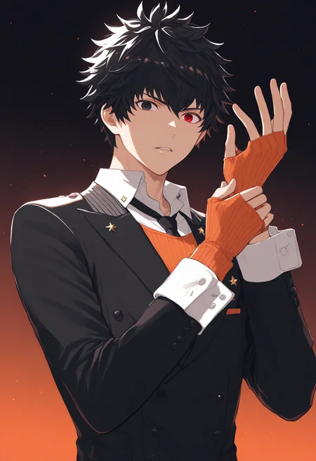 <lora:Kaname_Kuruto:1>,ryuki kuruto,1boy,male focus,heterochromia,red eyes,black eyes,necktie,solo,black necktie,looking at viewer,upper body,buttons,orange gloves,shirt,fingerless gloves,lapel pin,white collared shirt,gloves,black suit,cuff links,jacket,parted lips,lapels,buttoned cuffs,orange ribbed sweater,official art,adjusting_gloves,masterpiece,high score,great score,absurdres,