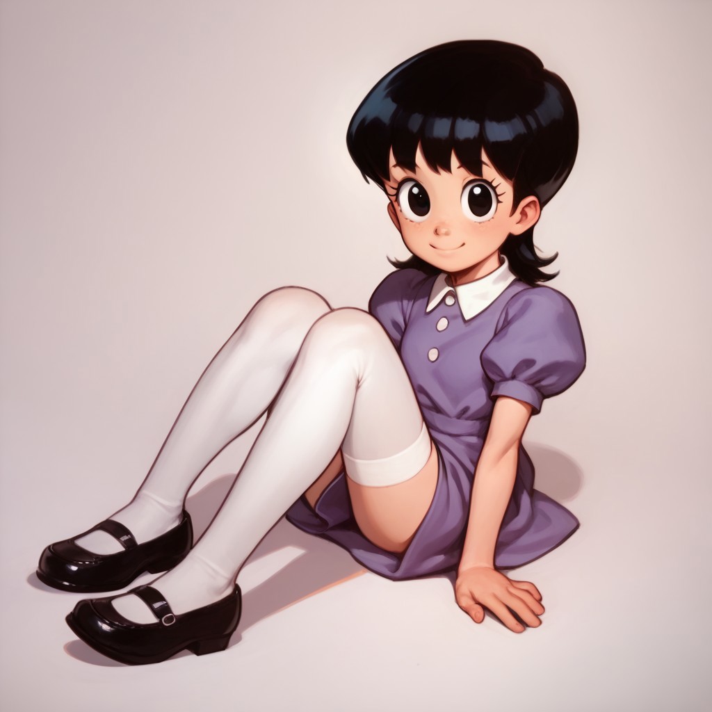 score_9, score_8_up, score_7_up BREAK AyeEyes, 1girl, black hair, black eyes, white buttoned collar, puff sleeve purple dress, white stockings, black mary jane shoes, smiling at viewer,