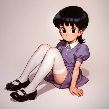 score_9, score_8_up, score_7_up BREAK AyeEyes, 1girl, black hair, black eyes, white buttoned collar, puff sleeve purple dress, white stockings, black mary jane shoes, smiling at viewer,