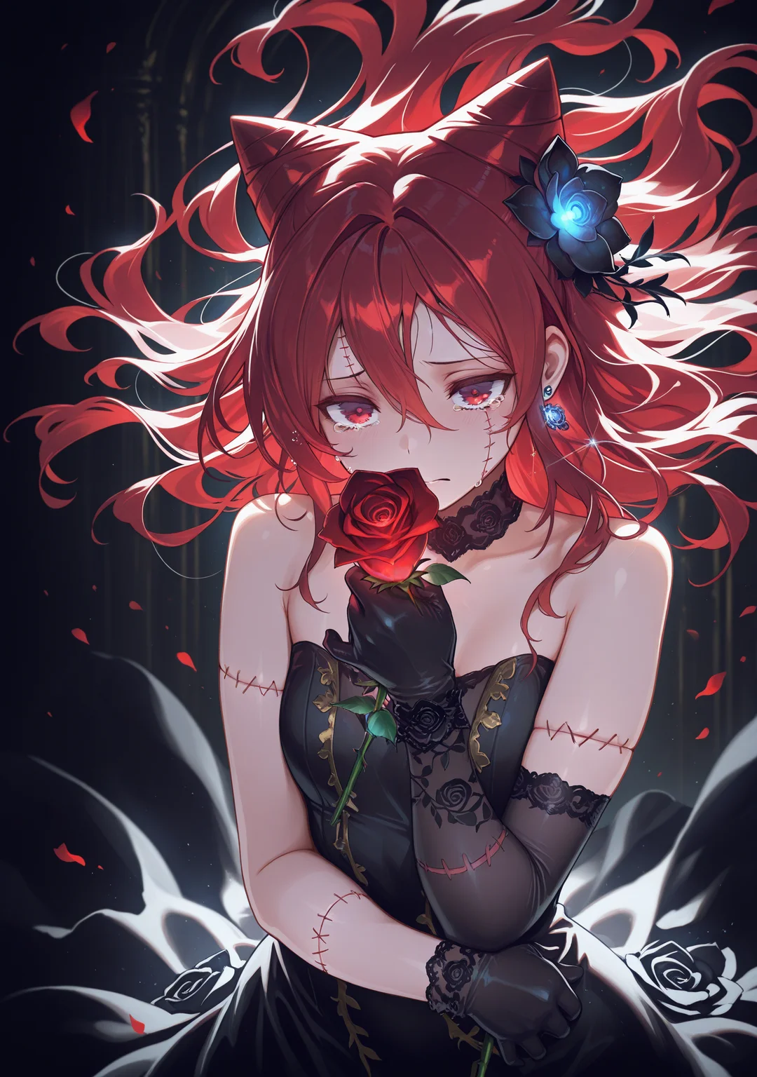 masterpiece,best quality,amazing quality,
1girl,<lora:ceresbotn:0.8>,
flower,hair flower,long hair,hair ornament,red hair,hair between eyes,jewelry,earrings,
black gloves,gloves,red eyes,dress,cone hair bun,stitched face,stitched arm,tears,floating hair,holding rose,