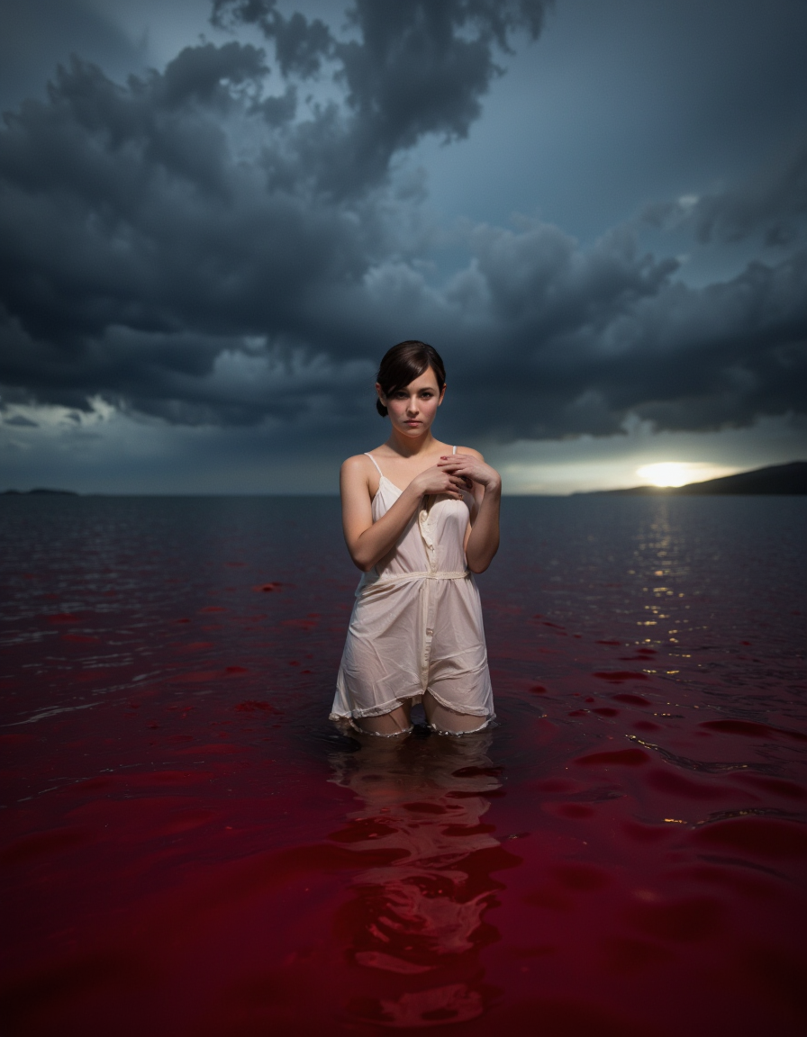 By Ibai Acevedo. A photo-realistic shoot from the front about a lone figure standing in the middle of a vast expanse of water under a dark, stormy sky, illuminated by a beam of light on the right side of the image. the image also shows a serene atmosphere and a sense of calmness. on the center of the frame, a young woman, who appears to be in her early twenties, stands with her arms crossed, looking directly at the viewer with a serious expression. she has short, dark hair and is wearing a white dress that is partially submerged in the water. her body is slim, and she has bare shoulders. the woman is standing in shallow water, with her feet out of frame, and her hands are clasped together in front of her. the water is a deep, reddish-purple color, and the sky is filled with dark, ominous clouds. the overall mood is eerie and moody, with a focus on the woman's calm and serene expression.