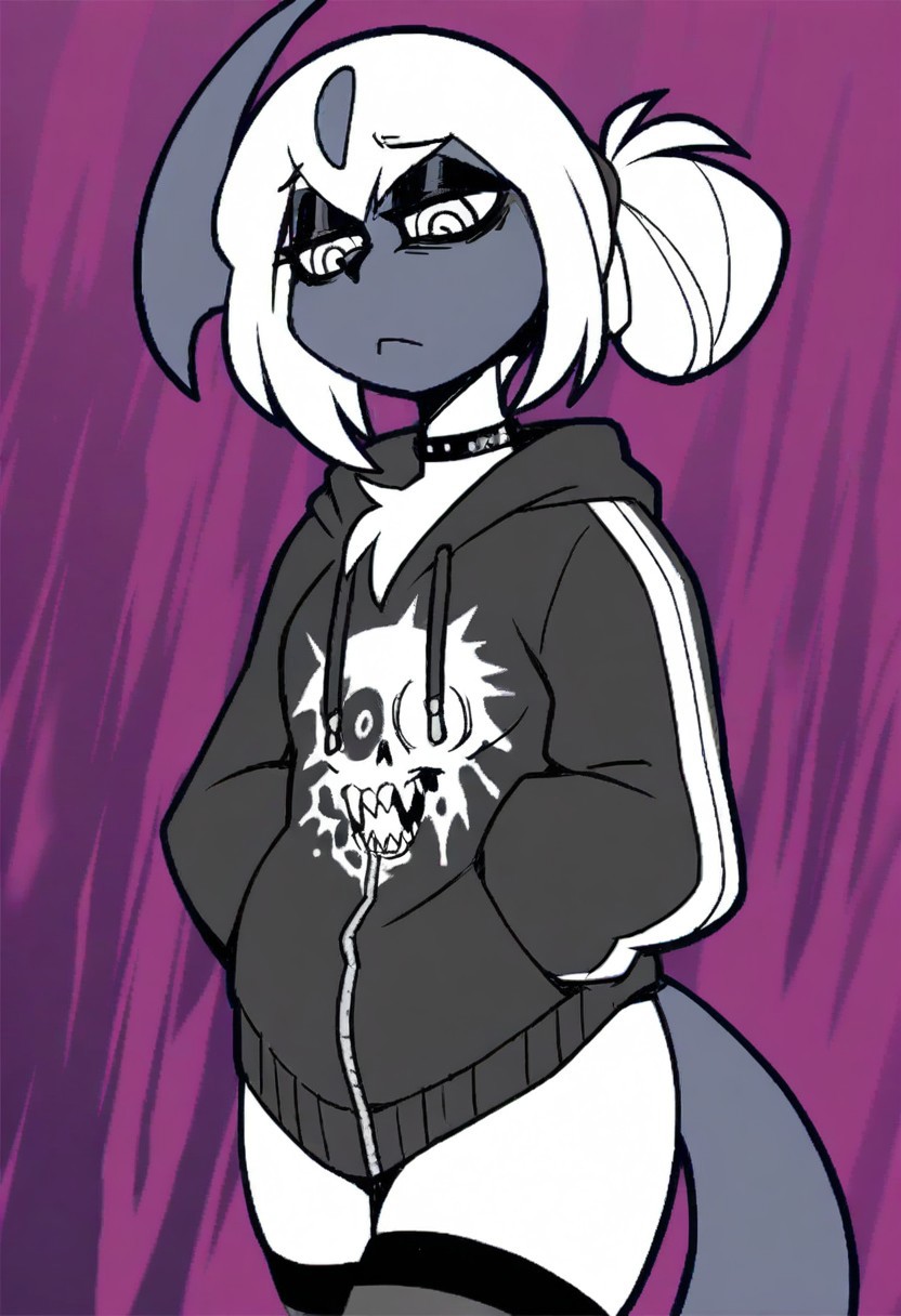 Masterpiece, best quality, aesthetic, high resolution, 1girl, anthro, solo, female, absol, tied hair,  colorful, emo, angey, bottomless, thighhighs, hoodie, dark eyeshadow, dark eye circles, ponytail, 
Vanripper