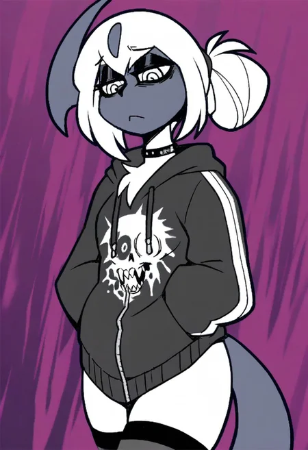 Masterpiece, best quality, aesthetic, high resolution, 1girl, anthro, solo, female, absol, tied hair,  colorful, emo, angey, bottomless, thighhighs, hoodie, dark eyeshadow, dark eye circles, ponytail, 
Vanripper