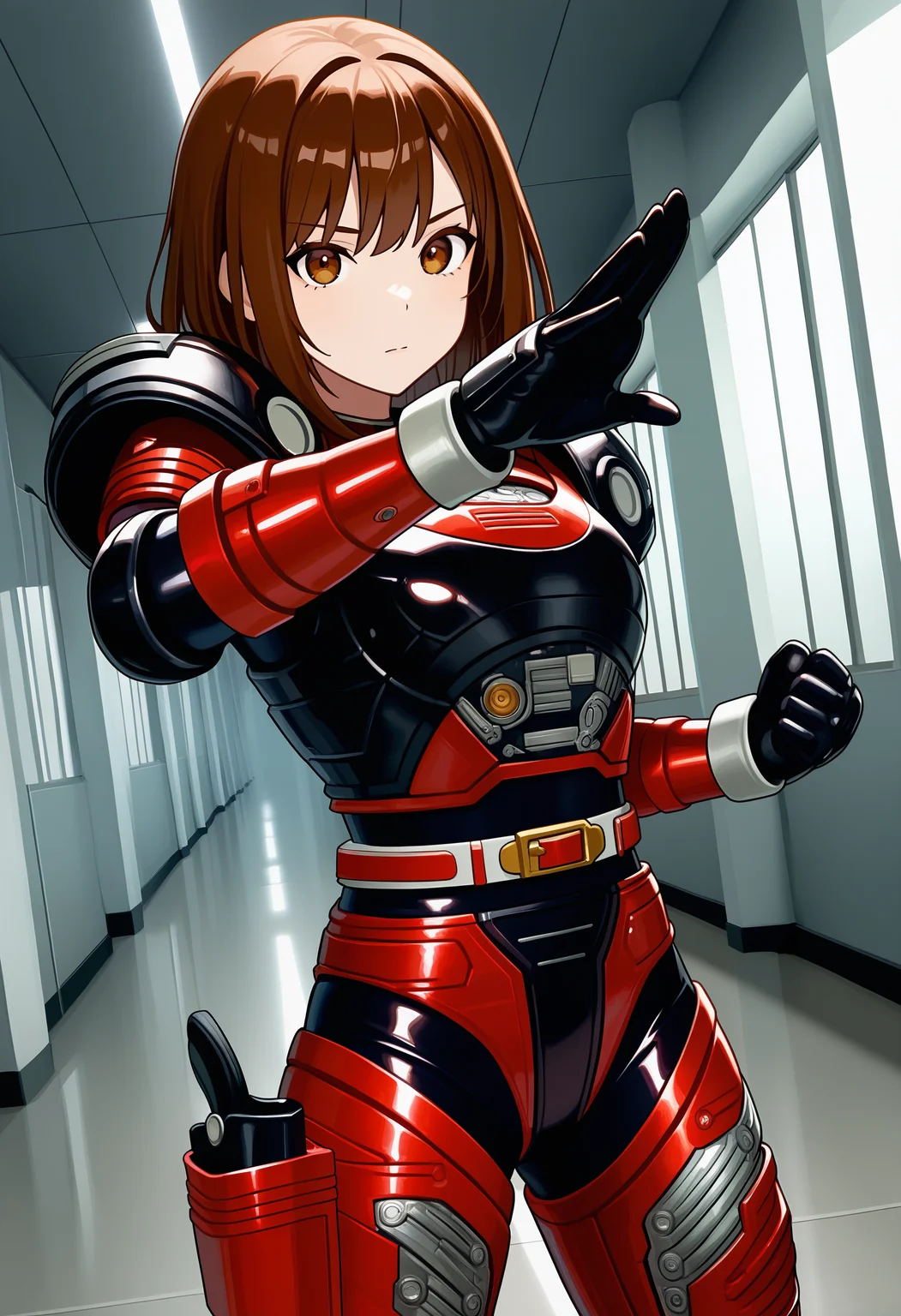 1girl, solo, R3ddle, armor, bodysuit, shoulder pad, gloves, belt, holster, brown hair, brown eyes, cowboy shot, dutch angle, looking at viewer, shiny clothes, fighting stance,
indoors, hallway, metal wall,
best quality, very aesthetic, masterpiece,