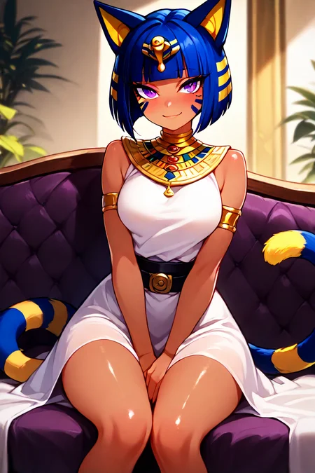 masterpiece, best quality, absurdres, medium breasts, (curvy), cute, eyelashes, vivid colors, BREAK, ,,, , ,,, zzAnkha, animal crossing, animal ears, armlet, bare shoulders, belt, blonde hair, blue hair, blunt bangs, blunt ends, bob cut, cat ears, cat girl, cat tail, cropped, daniel deng, dark skin, dress, eye of horus, eyelashes, eyes visible through hair, facial tattoo, humanization, purple eyes, shiny skin, short hair, slit pupils, tattoo, usekh collar, white dress , <lora:AnkhaIXL:1.0>, ,,, , ,,, hand on lap, blush, smug, ,,, smile, looking at viewer, blush, blurry, couch, sitting, shiny skin, <lora:CatalystIXL:0.8>,