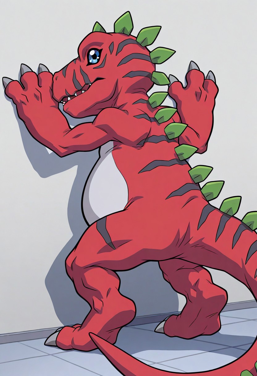 masterpiece,best quality,amazing quality, ultra high detail, good anatomy, perfect anatomy, anatomically correct hands, ultra detailed face, solo, handsome, male only, Tyrannomon, Tyranomon, red body on tyrannomon, Digimon, Digital, Monster, red body, green spines, blue eyes, white belly on just tyrannomon, feral, buff, male only, tail in view, thrown into a wall, arms and legs spread out, thump, side view, back against wall