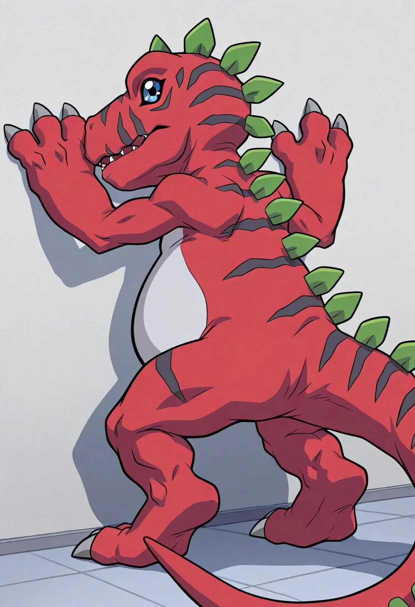 masterpiece,best quality,amazing quality, ultra high detail, good anatomy, perfect anatomy, anatomically correct hands, ultra detailed face, solo, handsome, male only, Tyrannomon, Tyranomon, red body on tyrannomon, Digimon, Digital, Monster, red body, green spines, blue eyes, white belly on just tyrannomon, feral, buff, male only, tail in view, thrown into a wall, arms and legs spread out, thump, side view, back against wall