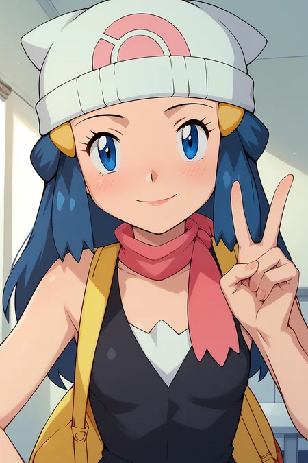 score_9, score_8_up, score_7_up, score_6_up, BREAK, DawnPXL, blue eyes, blue hair, long hair, ornament hair, white beanie, small breasts, yellow bag, pink scarf, sleeveless, black shirt, solo, front view, peace sign, (portrait, upper body), solo focus, seductive smile, looking at viewer, indoors <lora:DawnPXL:1>