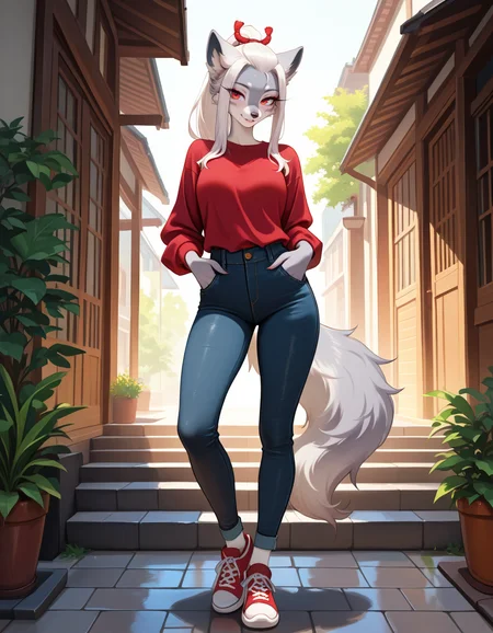masterpiece, best quality, very aesthetic, absurdres,
outdoors, casual, 
full body, posing, 
seductive smile, parted lips, long eyelashes,
<lora:Hakuro_v01_NAIXL:1>
H4kur0,1girl,solo,furry,furry female,wolf girl,white hair,long sidelocks,bangs pinned back,ponytail,red eyes,snout,animal nose,body fur,two-tone fur,grey fur,white fur,wolf tail,