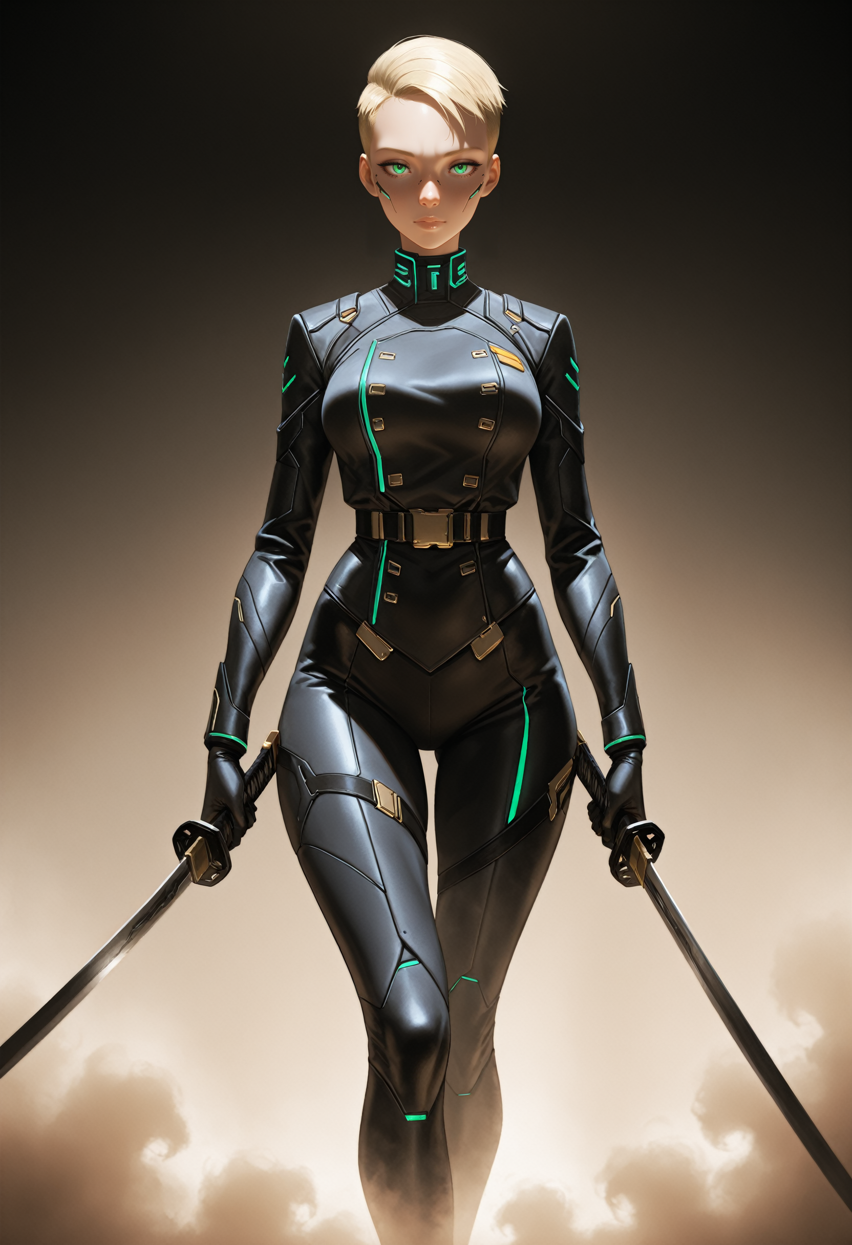masterpiece, best quality, amazing quality, very aesthetic, absurdres, newest,
<lora:ILCyberSandraDorsett:1.0>
CyberSandraDorsett, 1girl, blonde hair, short hair, green eyes, looking at viewer, standing in the dense fog of the Midnight Channel, his katana drawn, with faint silhouettes of Shadows surrounding him.