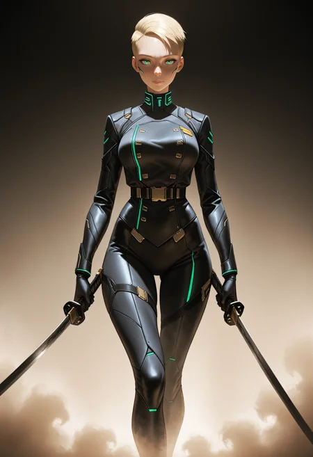 masterpiece, best quality, amazing quality, very aesthetic, absurdres, newest,
<lora:ILCyberSandraDorsett:1.0>
CyberSandraDorsett, 1girl, blonde hair, short hair, green eyes, looking at viewer, standing in the dense fog of the Midnight Channel, his katana drawn, with faint silhouettes of Shadows surrounding him.