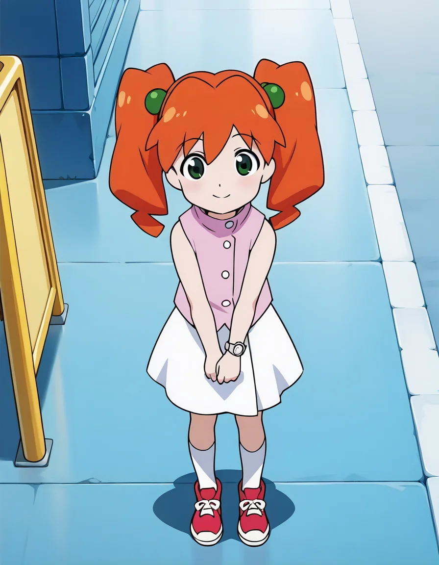 (masterpiece:1.4), (best quality:1.4), very aesthetic,illustration, newest,best quality, amazing quality, very aesthetic, absurdres, 1 girl,karin_jyunmai,
,twintails, orange hair,female child
pink vest,sleeveless,white skirt,red sneakers,white socks,knee-high socks,wristwatch,anime screenshot,official art 
 <lora:karin_jyunmai_v4:1>
standing,v-arms,smile
looking at viewer,