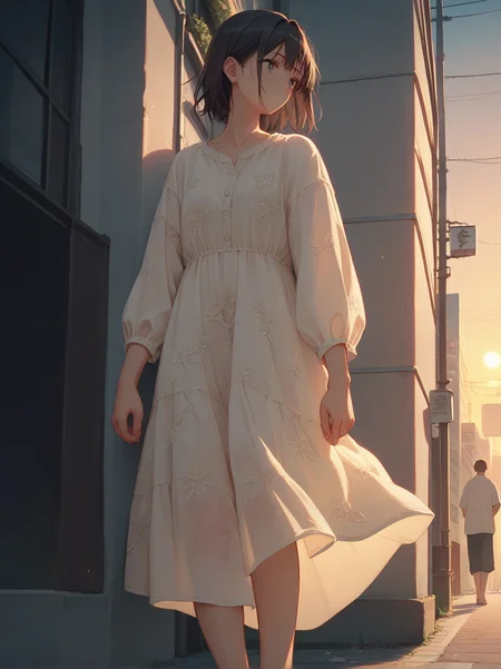 score_9, score_8_up, score_7_up, score_6_up, source_anime, <lora:linen_dress_v0.1-pony:1>
1girl, linen dress,
black hair,
street, sunset, building, see-through silhouette, rimlight, backlighting,