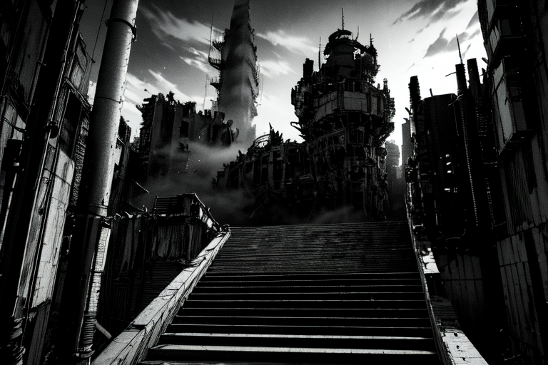 highly insanely detailed, masterpiece, top quality, best quality, highres, 4k, 8k, RAW photo, (very aesthetic, beautiful and aesthetic),  
tsutomu nihei,nihei_tsutomu,blame!,blame gakuen!,abara,TNstyle,sidonia_no_kishi,(hangar,city ruins,stairs,megastructure in background,tower),fence,bones,ventilation fan,ventilation shaft,lantern,cables,tubes,industrial pipes,clouds,dark sky,black sky,letterboxed,empty,flock,decrepit, 
<lora:ABARA:0.6>, 
(1girl:1.3), 
solo focus, 
cloud city,cloudtop sky-city,âââ
