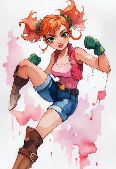 score_9, score_8_up, score_7_up, score_6_up, source_cartoon,Flora, 1girl, female, 21 y.o. female, solo, femenine, wet hair, orange hair, raised short twintails hairstyle,green eyes, pink lips, smile, pink vest, jean shorts, gloves, knee boots, medium breasts, female focus, official style, full-body-shot, perfect anatomy, perfect face,fighting pose, dynamic pose, abstract beauty, beautiful, centered, looking at the camera, approaching perfection, dynamic, moonlight, highly detailed, watercolor painting, artstation, concept art, smooth, sharp focus, illustration, portrait