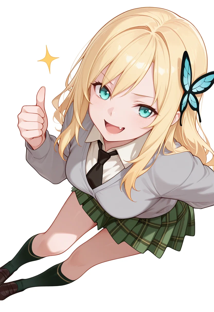 Smooth Quality,masterpiece,very intricate, high quality details, ultra realistic, high detailed skin,detailed enviorement,absurdres,
thumbs up,:d,
<lora:Sena_Kashiwazaki_CNR:0.8> sena_cnr, 1girl,blonde hair, long hair, aqua eyes, fang, medium breasts, butterfly hair ornament,
st. chronica academy school uniform,black necktie, green skirt, loafers, kneehighs,, simple background, white background, sideways,solo,, rape face,color drain,