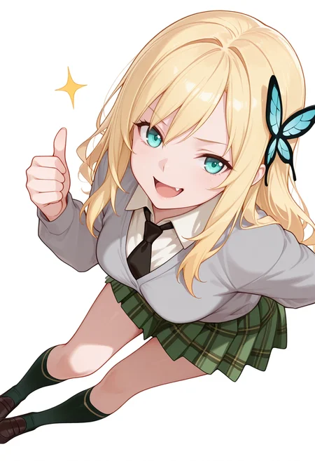 Smooth Quality,masterpiece,very intricate, high quality details, ultra realistic, high detailed skin,detailed enviorement,absurdres,
thumbs up,:d,
<lora:Sena_Kashiwazaki_CNR:0.8> sena_cnr, 1girl,blonde hair, long hair, aqua eyes, fang, medium breasts, butterfly hair ornament,
st. chronica academy school uniform,black necktie, green skirt, loafers, kneehighs,, simple background, white background, sideways,solo,, rape face,color drain,