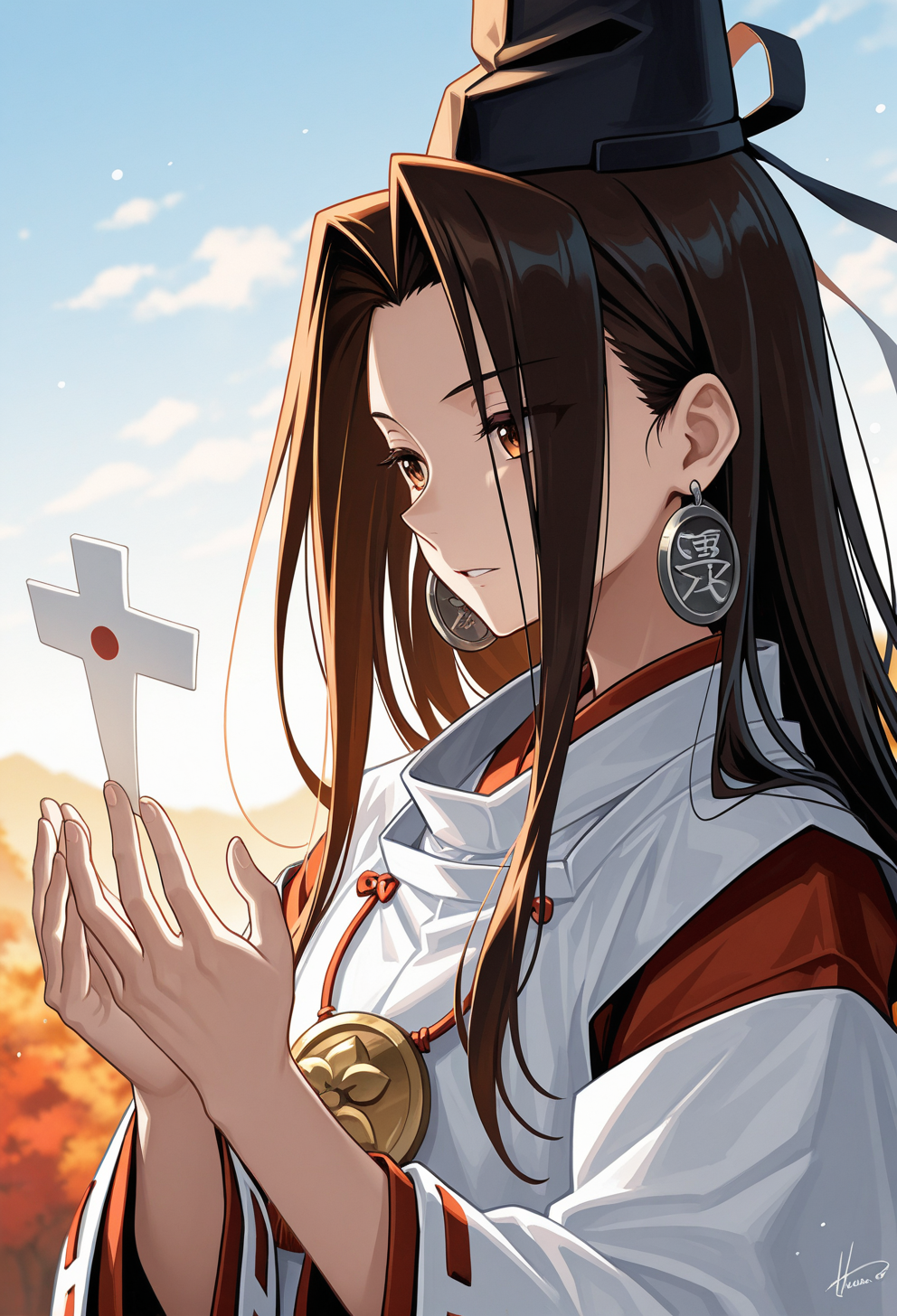 masterpiece, best quality, high quality, anime, solo, <lora:AEHao:0.8> AEHao, brown eyes, brown hair, long hair, earrings, onmyouji, japanese clothes, shikigami, kariginu, tate eboshi, aged up,