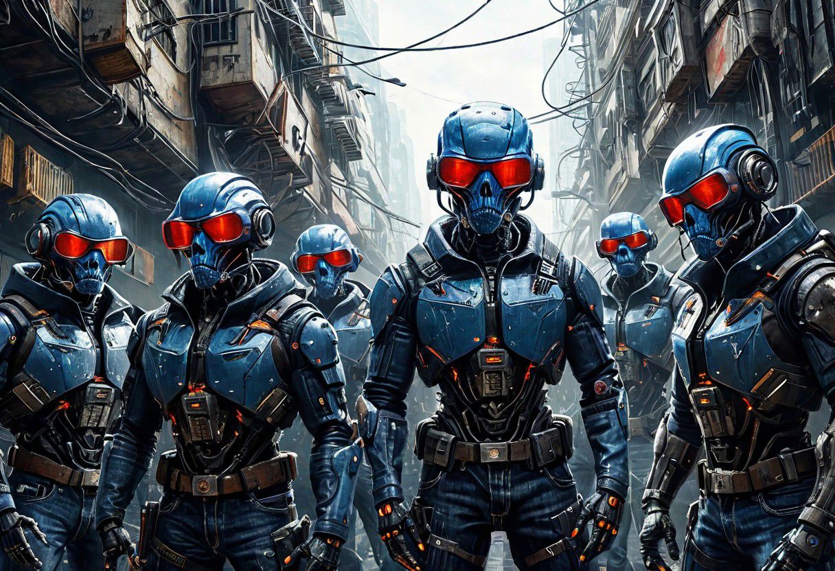 cyberpunk gigagachad dystopia featuring an army of cybernetically enhanced gigachads with bionic enhancements wearing blue jeans,masterpiecem,epic,cinematic film still