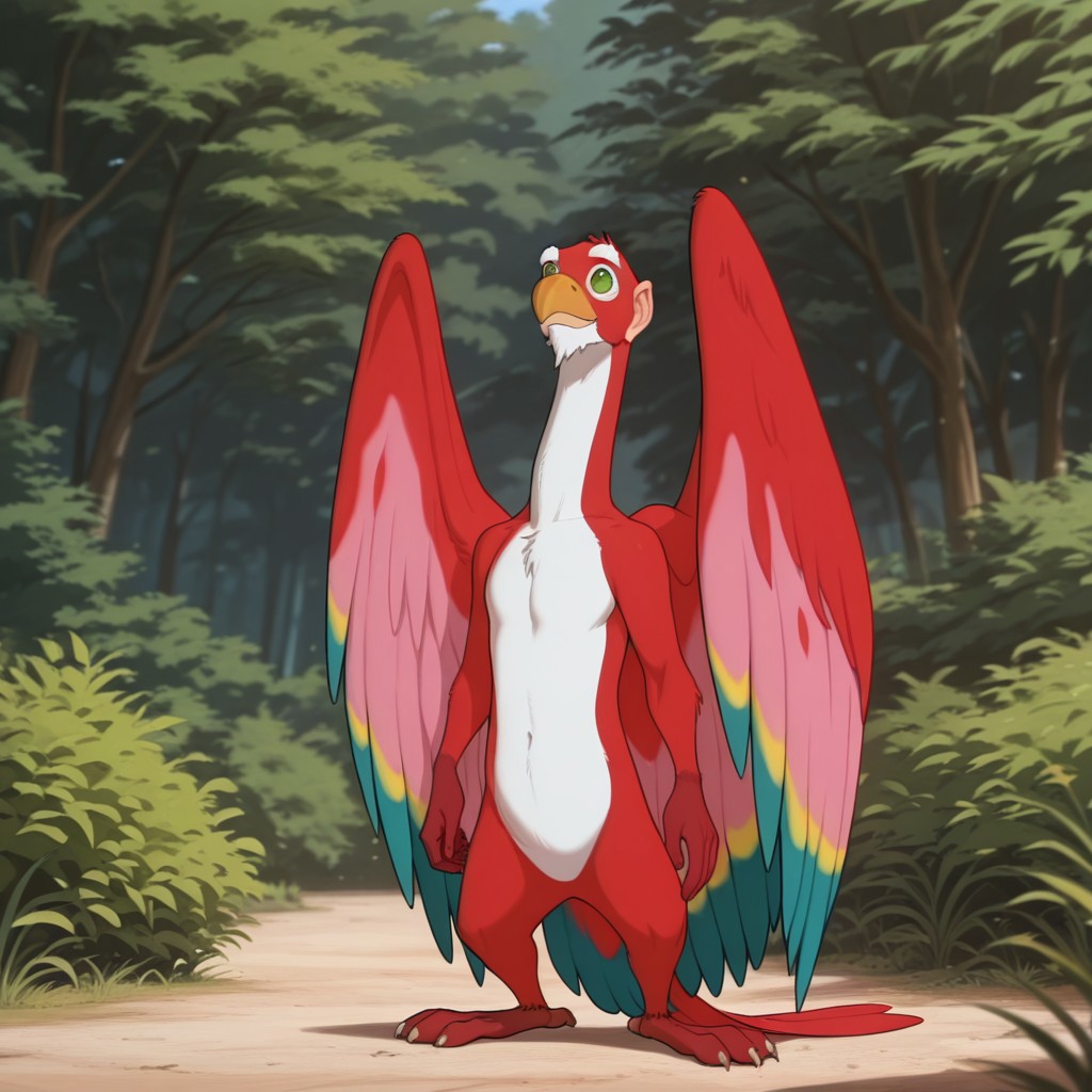 ((masterpiece, best quality, amazing quality,)) NiddlerPoDW, semi-anthro, male, avian, red feathers, wings, green eyes, white goatee, standing, outside