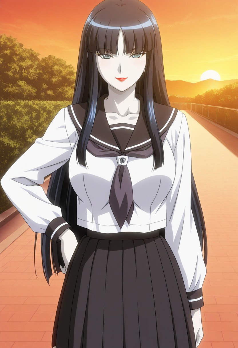 score_9, score_8_up, score_7_up, score_6_up, source_anime, 1girl, solo, female_focus, Reika_(Mashou no Kao /Two Facials of Eve/Nymphomania), sidelocks, very long hair, pale skin, hime cut, lipstick, collarbone, lips, large breasts, red lips, bangs, serafuku, blue eyes, black hair, makeup, school uniform, blunt bangs, right hand on hips, ((((((full_body)))))), smile, seductive gaze, looking at viewer, cowboy shot, ((outdoors, sunset)), Stable_Yogis_SD1.5_Positives, (masterpiece), (best quality), ((((dynamic pose)))), (anime screencap, anime coloring), (perfect anatomy), (best illustration), (best shadow),(absurdres),((((detailed background)))), ((((very aesthetic))))