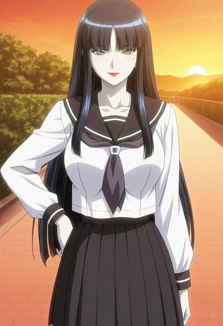 score_9, score_8_up, score_7_up, score_6_up, source_anime, 1girl, solo, female_focus, Reika_(Mashou no Kao /Two Facials of Eve/Nymphomania), sidelocks, very long hair, pale skin, hime cut, lipstick, collarbone, lips, large breasts, red lips, bangs, serafuku, blue eyes, black hair, makeup, school uniform, blunt bangs, right hand on hips, ((((((full_body)))))), smile, seductive gaze, looking at viewer, cowboy shot, ((outdoors, sunset)), Stable_Yogis_SD1.5_Positives, (masterpiece), (best quality), ((((dynamic pose)))), (anime screencap, anime coloring), (perfect anatomy), (best illustration), (best shadow),(absurdres),((((detailed background)))), ((((very aesthetic))))
