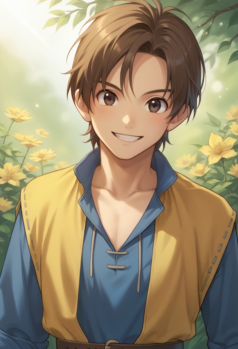 score_9, score_8_up, score_7_up, source_anime, highly detailed, 
herodq, 1boy, male focus, solo, brown hair, short hair, black eyes, tunic, blue tunic, long sleeves, sleeves rolled up, coat, yellow coat, sleeveless coat, belt, upper body, smile, happy
outdoor, wood,