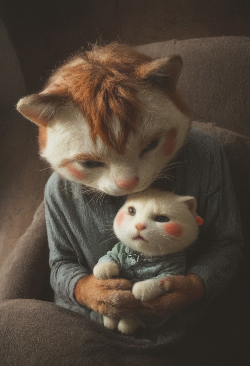 This is a low-light, candid photograph capturing a man with a hairy chest and a ginger cat resting on his lap. The man, who appears to be shirtless, is seated on a dark-colored chair or sofa. The cat is comfortably perched on his lap, with its front paws resting on his thighs. The image is taken from a slightly high angle, providing a close-up view of both the man and the cat. The background is dimly lit, with indistinct objects, possibly a cluttered shelf or a small table, barely visible in the shadows. The lighting is artificial and low, casting a warm, muted glow on the subjects. The photograph has a casual, intimate feel, with a low aesthetic quality due to the poor lighting and lack of sharpness. The composition lacks leading lines or the rule of thirds, and the image appears to be taken with a smartphone camera, evident from the slight graininess and casual framing.
 poppy, marshall, white fur, red fur, pink fur, two colored fur, dress, sweater, bangs, blush,  antro