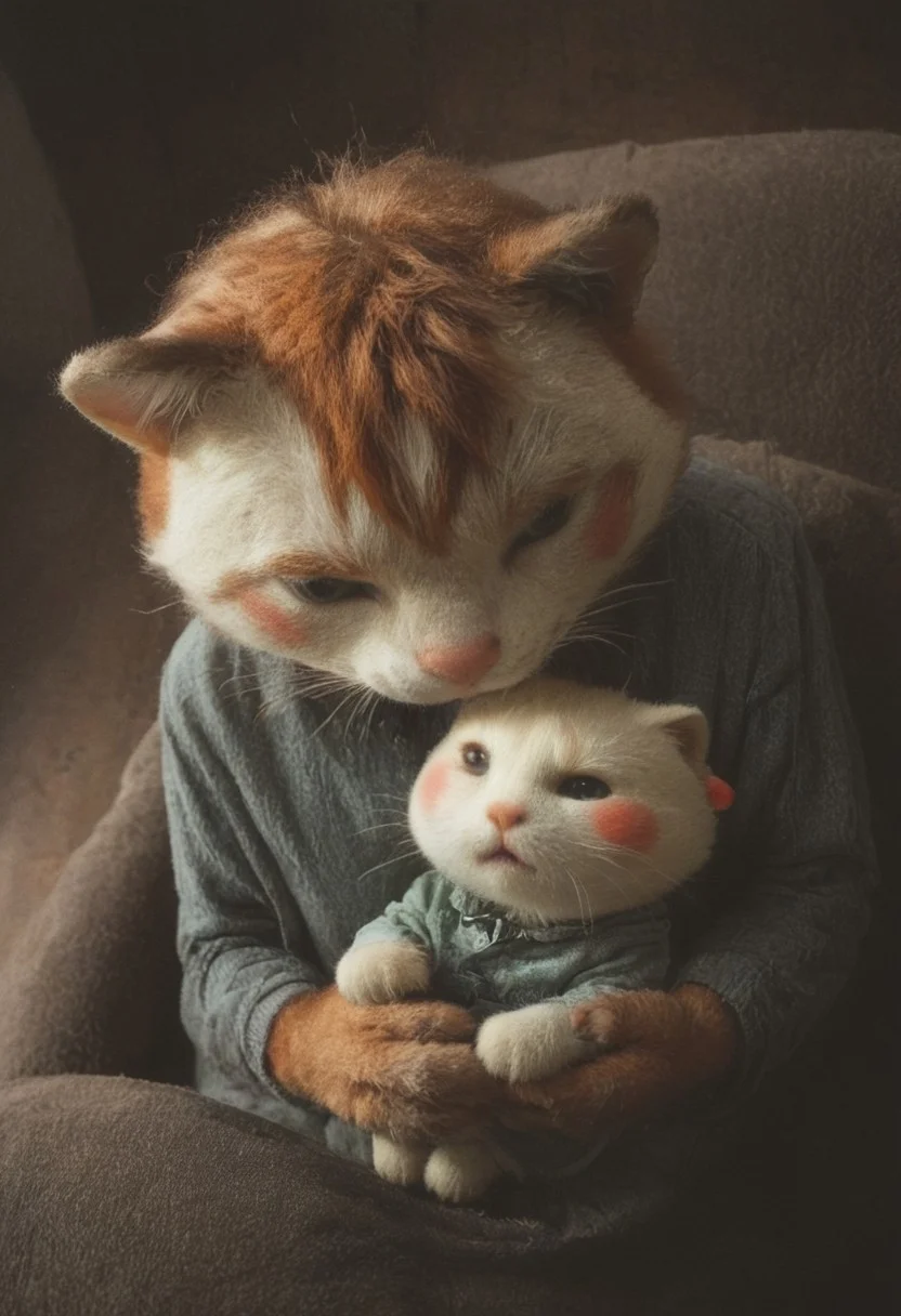 This is a low-light, candid photograph capturing a man with a hairy chest and a ginger cat resting on his lap. The man, who appears to be shirtless, is seated on a dark-colored chair or sofa. The cat is comfortably perched on his lap, with its front paws resting on his thighs. The image is taken from a slightly high angle, providing a close-up view of both the man and the cat. The background is dimly lit, with indistinct objects, possibly a cluttered shelf or a small table, barely visible in the shadows. The lighting is artificial and low, casting a warm, muted glow on the subjects. The photograph has a casual, intimate feel, with a low aesthetic quality due to the poor lighting and lack of sharpness. The composition lacks leading lines or the rule of thirds, and the image appears to be taken with a smartphone camera, evident from the slight graininess and casual framing.
poppy, marshall, white fur, red fur, pink fur, two colored fur, dress, sweater, bangs, blush, antro