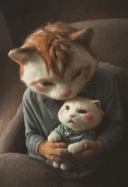 This is a low-light, candid photograph capturing a man with a hairy chest and a ginger cat resting on his lap. The man, who appears to be shirtless, is seated on a dark-colored chair or sofa. The cat is comfortably perched on his lap, with its front paws resting on his thighs. The image is taken from a slightly high angle, providing a close-up view of both the man and the cat. The background is dimly lit, with indistinct objects, possibly a cluttered shelf or a small table, barely visible in the shadows. The lighting is artificial and low, casting a warm, muted glow on the subjects. The photograph has a casual, intimate feel, with a low aesthetic quality due to the poor lighting and lack of sharpness. The composition lacks leading lines or the rule of thirds, and the image appears to be taken with a smartphone camera, evident from the slight graininess and casual framing.
poppy, marshall, white fur, red fur, pink fur, two colored fur, dress, sweater, bangs, blush, antro
