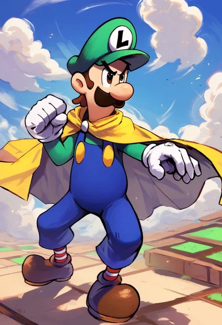 score_9, score_8_up, score_7_up
, masterpiece, beautiful,
action pose ,ITLuigi,cartoon-style,green long-sleeved shirt, blue overalls, moustache, round nose, brown shoes, white gloves, yellow buttons, brown hair, black eyes,slim, striped socks,red and white socks, L emblem on hat, yellow cape, cape, full body, action pose, , green hat, detailled background, blue sky, clouds,