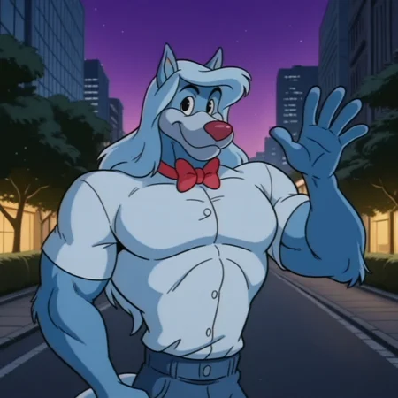masterpiece, best quality, amazing quality, wilford, anthro, werewolf, furry male, solo, blue-grey fur, grey hair, long hair, black eyes, eyebrows, grey muzzle, red nose, long tail, muscular, wearing white formal shirt, blue jeans, red bowtie, standing, happy, waving hi, looking at viewer, outdoors, city