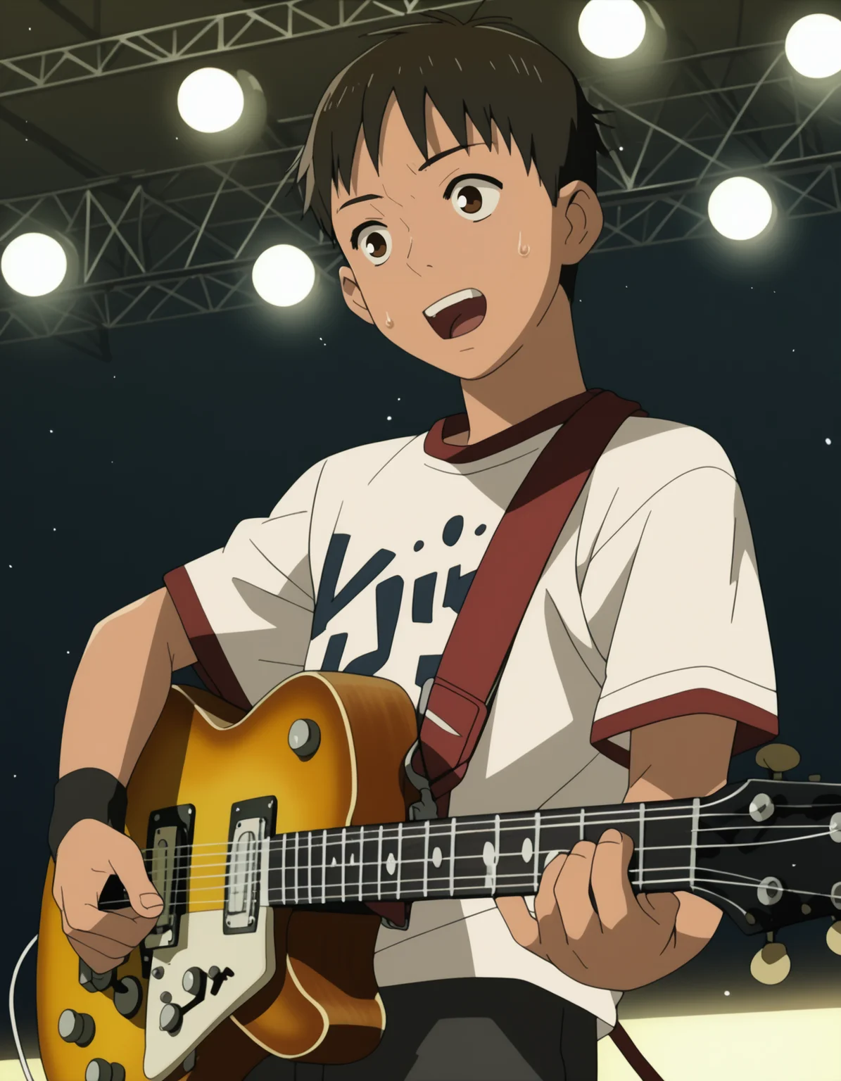 score_9, score_8_up, score_7_up, <lora:izumi-maho-prodigy-ponyxl-000008:1> koyuki, 1boy, male focus, solo, stage, guitar, sweat, excited