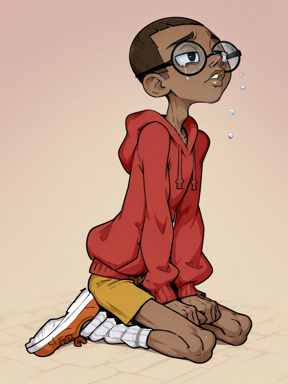 tonerostyle,CameronTDROTI, 1boy,solo, dark skinned male, slim, skinny, brown hair shaved in a crewcut, black eyes, black round frame glasses, red pullover hoodie, mustard yellow shorts, white striped tube socks, orange sneakers, lips, big lips,seiza,tearful,<lora:Cameron:0.8>,<lora:Tottotonero:1.0>