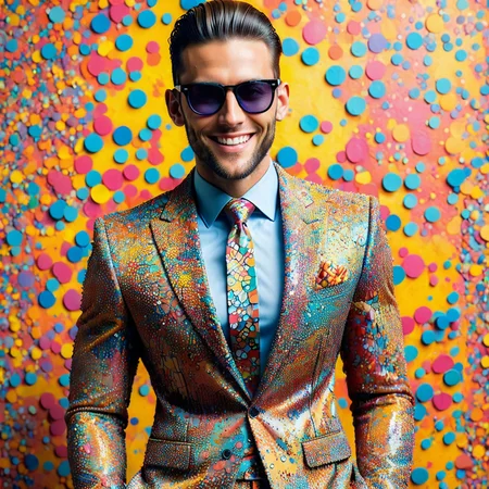 conf3tti, a handsome man wearing a suit made out of confetti, smiling, dapper, vibrant colors, tie, pants, sunglasses, slicked back hair, fashion photography <lora:Confetti_World_Morph:1>