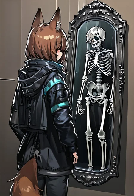 One girl,brown hair, fox ears with white tip,((((jacket)))),tail,jacket
Grey indoor background  
Hair covering eye, Cold light on top,
((((((mirror, skeleton)))))
