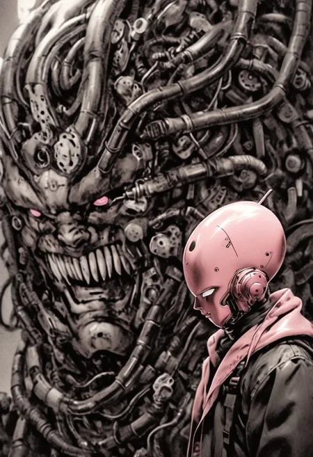 Monochrome with color spots, photo in phst artstyle, mechanical parts, wires, cables, cyberpunk, closeup portrait of Majin Buu with a half robot face, pastel pink/white colored, closeup photo of an wired-cyborg Majin Buu with half robot face wearing a black high collar parka with technical macro writing resembling an Dragonball on the back, solo, man, high collar parka, upper body,, male focus, long hair in wind, fists, clothes writing, crepuscular rays, volumetric lighting, ultra detailed, deep Blacks, very detailed, atmospheric haze, Film grain, cinematic film still, shallow depth of field, highly detailed, high budget, cinemascope, moody, epic, OverallDetail, 2000s vintage RAW photo, photorealistic, candid camera, color graded cinematic, eye catchlights, atmospheric lighting, imperfections, natural, shallow dof