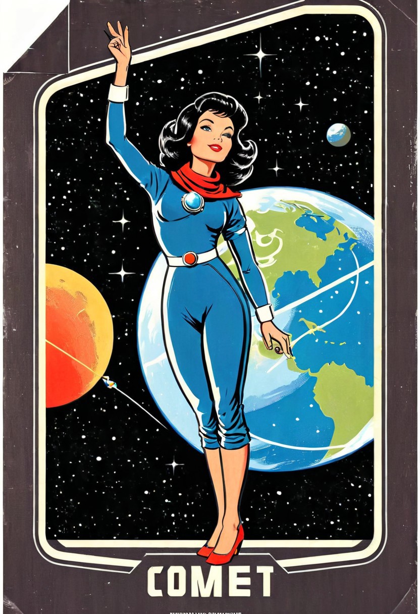 soviet movie poster, 1950-s cosmonaut woman, far space, nebula, sputnik, in the style of steven-rhodes, Retro Illustration Style, <lora:steven-rhodes-sdxl-v1-000046:0.6>, Humorous Elements, Simplistic Details, black hair, standing on a space station, looking out the window, comet passing by