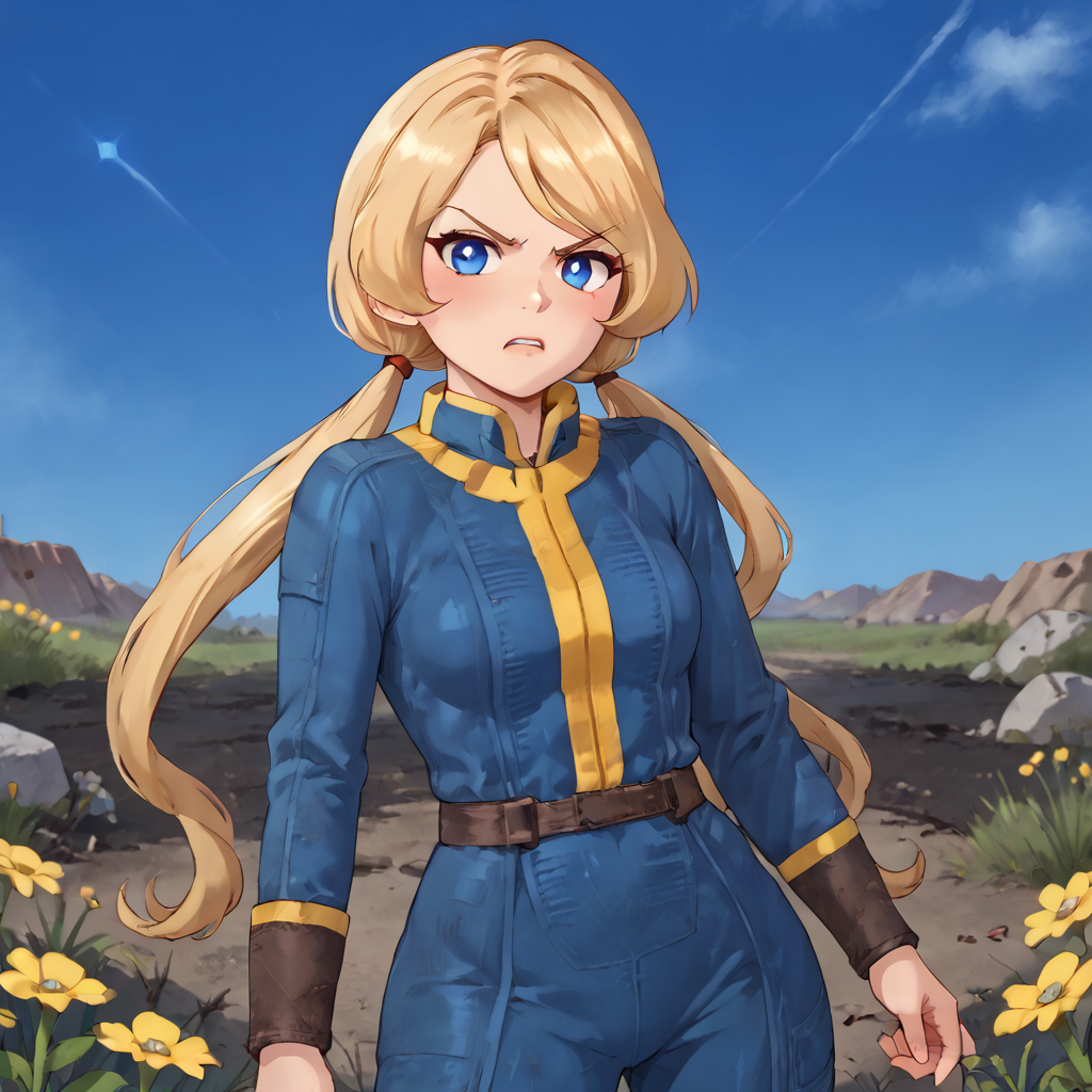 outside, wasteland,<lora:Yuelia_-_Fantasy_Life:.8>yuelia, 1girl, solo, long hair, blonde hair, low twin tails, blue eyes, (((diamond iris))), angry, <lora:vaultjumpsuit:1> blue jumpsuit, long sleeves