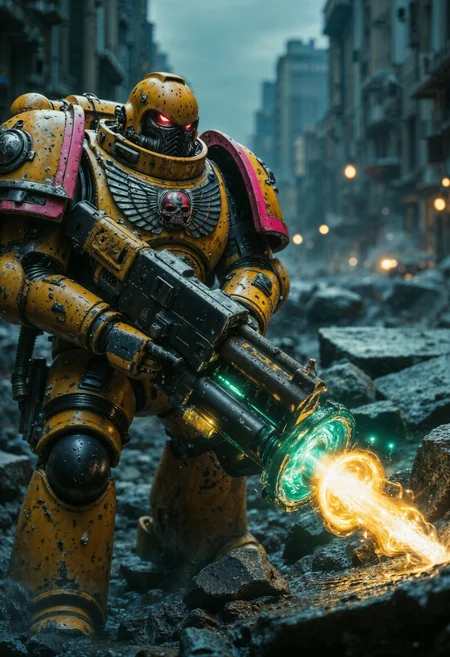 This is a hyper-realistic, highly detailed analog photograph set in a futuristic, sci-fi world, bathed in dim, atmospheric light with washed-out neon hues of pink, green, and blue. The scene exudes a surreal techno-military aesthetic, centered around a powerful ImperialF40k space marine clad in heavy, battle-worn yellow power armor. His suit is bulky, reinforced with thick plates and glowing energy conduits, designed to withstand the brutality of interstellar warfare. Multiple compartments and mechanical joints are visible, with cables running across his chest and a glowing insignia on his shoulder plate.
He grips a massive energy rifle, its barrel crackling with dark, electrical energy that pulses ominously. At the weapon’s tip, energy gathers into a swirling vortex of bright yellow and turquoise, casting an intense, supernatural glow over the surroundings. Volumetric lighting emphasizes the energy charge as it builds, weaving shadows and light together in the misty, battle-scarred environment.
His helmet reflects the faint glimmers of neon light from a distant, futuristic cityscape barely visible beyond the shot. The volumetric lighting deepens the scene's isolation and tension, as if he stands on the edge of a war-torn world, ready to unleash a devastating, unstoppable force into the unknown. <lora:FluxImperialF40k:1> <lora:aidmaGLOWV4wc:0.5> aidmaGlow <lora:aidmaMJ6.1:0.5> aidmaMJ6.1 <lora:fluxenhancer:0.5>