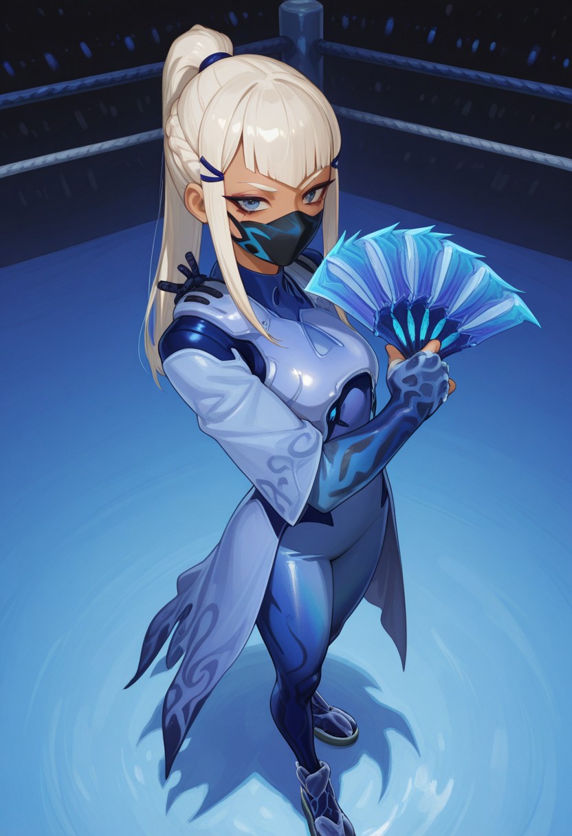 absurdres, masterpiece, best quality, very aesthetic, newest, HDR, 8K, ultra-detailed, 748cmstyle, anime, fighting ring, from above, full body, 
1girl, solo, Mizuki_Fortnite, long hair, ponytail, braid, hairclip, blonde hair, white hair, hair ornament, blut bangs, sidelock, makeup, small breasts, eyeshadow, dark-skinned female, blue eyes, zero suit, blue bodysuit, armor, dress, japanese clothes, gloves, skindentation, skinny, fighting stance, looks at viewer, holds a fan in each hand, fan-weapon, mouth mask)